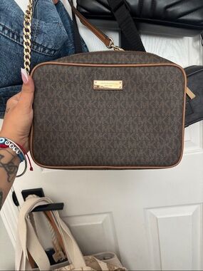 Michael Kors Brown Monogram Crossbody with Gold Hardware